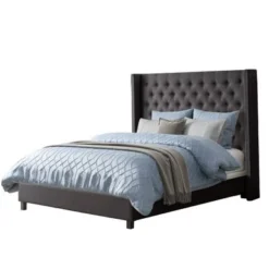 Porch & Den Richwood Tufted Fabric Queen-size Bed With Wings - Dark Grey - Wingback