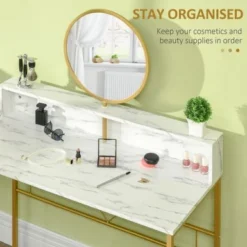HOMCOM Modern Vanity Makeup Desk With Mirror, Dressing Table, White & Gold - White -Bed Frame Shop 65455289 8b65 4976 a787 a17a804548c6