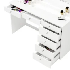 Boahaus Dressing Table, Light Bulbs, White, Mirror, 07 Drawers - White-Crystal Knobs -Bed Frame Shop 655442ab f786 42b7 9d0c 1938c9932fba