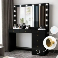 Boahaus Diana Vanity, Light Bulbs, Black, Wide Mirror, 7 Drawers - Black-Gold Knobs -Bed Frame Shop 66c1ecfa 2ad7 4882 b2c3 d164a079e3c9