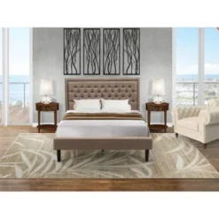 Pc Bed Set - 1 Platform Bed Frame Dark Khaki Linen And Button Tufted Headboard - 2 Nightstand (Bed Size Options) - KD16F-2HI08 -Bed Frame Shop 68bc2f62 9824 4700 9ae8 dc7ae244156f