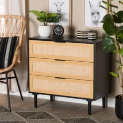 Baxton Studio Maureen Mid-Century Modern Espresso Brown Wood And Rattan 3-Drawer Cabinet - Espresso, Natural Brown -Bed Frame Shop 693ae6ce e781 4a4e 9d8a b62d74e2f9d0