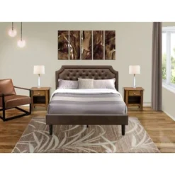 Bedroom Set- Dark Brown Faux Leather Queen Bed With Black Legs- An Antique Walnut Nightstand(End Stand Pieces Options) - GB25Q-2GA08