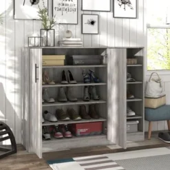 DH BASIC Farmhouse Vintage Grey Oak 10-Shelf Shoe Cabinet By Denhour - Vintage Grey Oak - No Drawers -Bed Frame Shop 6ce336ac eea5 4968 ab5e c640702852cd