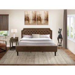 2PC Platform Bed - Dark Brown Faux Leather And With Black Texture Bed- Distressed Jacobean Small End Table (Bed Size Options) - GB25F-1DE07 -Bed Frame Shop 6d50dbe7 07ad 404e 888e a3d6c69d0576