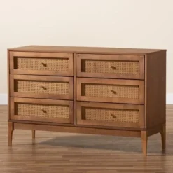 Baxton Studio Ramiel Mid-Century Modern Ash Walnut Finished Wood And Rattan 6-Drawer Dresser - Natural Brown, Gold -Bed Frame Shop 6e3ed77d 7300 4802 8f87 9bf1c93a68e4