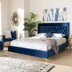 Baxton Studio Contemporary Velvet Upholstered Tufted Glam Platform Bed - Blue - King -Bed Frame Shop 6efee873 3853 40fd be1c bedacea66505