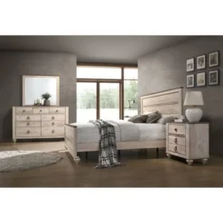 Roundhill Furniture Imerland Contemporary White Wash Finish 4-Piece Bedroom Set, Queen - White-Wash - Queen - 4 Piece