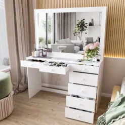 Boahaus Jane Dressing Table, Glass Top, 07 Drawers, Black - N/A - White - Golden Knobs -Bed Frame Shop 72c4a6ff 8bda 47ac 845d c7452e7f0207