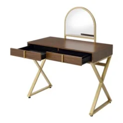 Vanity Desk With Jewelry Tray And Mirror In Walnut And Gold Finish - Walnut And Gold -Bed Frame Shop 732ef739 d684 4513 ad05 790d66cd9a51