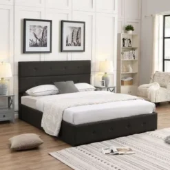 Upholstered Platform Bed With Underneath Storage - Grey - Queen