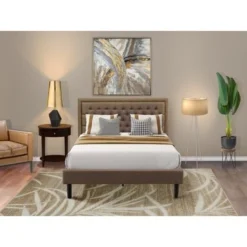 2 Piece Bed Set -Bed With Brown Linen Fabric Button Tufted Headboard - 1 Night Stand (Bed Size Options) - KD18Q-1HI0M
