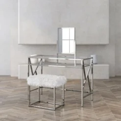 DH LUX Glam Glass Vanity Table And Stool Set By Denhour - Chrome