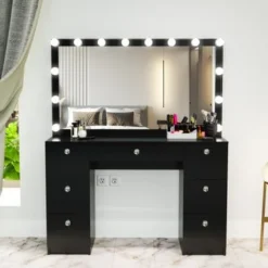 Boahaus Freya Vanity With Light Bulbs, 7 Drawers, Mirror, Black - Black-Gold Knobs -Bed Frame Shop 77472434 a1e5 49a4 8064 96ea6a78a08c