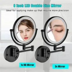 8 Inch LED Bathroom Mirror Wall Mount Two-Sided Magnifying Makeup Vanity Mirror 360 Degree Rotation Waterproof Button. - 8'' - Black
