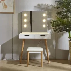 White Vanity Table With Light Mirror - White