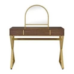 Vanity Desk With Jewelry Tray And Mirror In Walnut And Gold Finish - Walnut And Gold