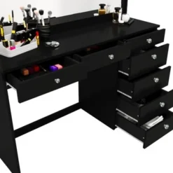 Boahaus Joan Modern Vanity Table, Black, Wide Mirror, 07 Drawers - Black-Crystal Knobs -Bed Frame Shop 79f8f198 4365 40a8 a5af 84d13e88799c