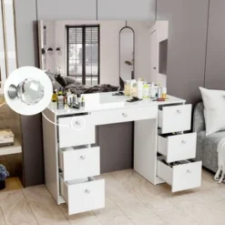 Boahaus Artemisia Modern Vanity, 7 Drawers, Large Mirror - White-Crystal Ball Knobs -Bed Frame Shop 7a2c5e76 60ef 40a1 8443 6ab6674037a1