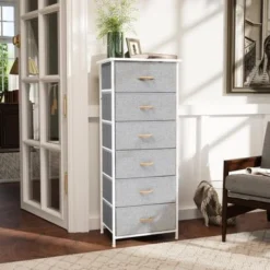 VredHom 6 Drawers Vertical Dresser Storage Tower - Light Grey - 6-drawer