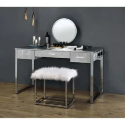 3 Drawers Metal Frame Vanity Desk With Mirror - Antique White/Champagne -Bed Frame Shop 7bc91f58 d311 4bc6 8fb5 0183e368b445