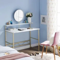 Mcombo Makeup Vanity, White Wooden Marble Pattern Vanity Desk, Makeup Desk With Removeable Vanity Mirror - Storage -Bed Frame Shop 7dda46a7 82be 402a 87a3 1a9bd73c9aff