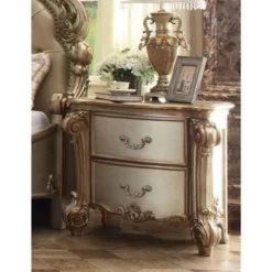 Benzara Wooden Nightstand With Two Drawers, Gold And Bone White
