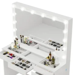 Boahaus Serena Lighted Vanity With Glass Top (White) - White-Crystal Knobs -Bed Frame Shop 81182a0e 3ae2 448c ab17 44c2a6f9e9f8