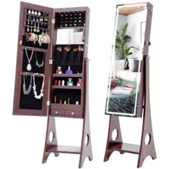 Merax Jewelry Cabinet Armoire Lockable Standing Storage With LED Lights - Brown