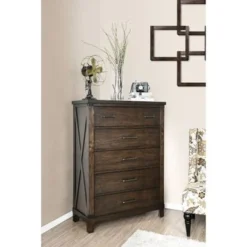 Five Drawer Solid Wood Chest With Metal Bar Handle, Walnut Brown - Brown - 5-drawer -Bed Frame Shop 82f79dc3 5101 4a5b 87b5 288d33197547