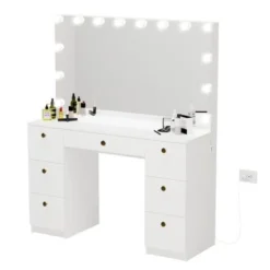 Boahaus Freya White 7-drawer Vanity Dressing Table With Lighted Mirror - White-Crystal Knobs -Bed Frame Shop 83b0843b 3abd 4f5e 98d1 4f5d0d342d32