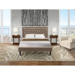Pc Bed Set - 1 Platform Bed Frame Dark Khaki Linen And Button Tufted Headboard - 2 Nightstand (Bed Size Options) - KD16K-2HI08