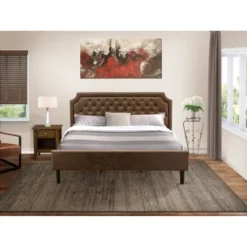 2-Pc Bed Set - Platform Bed And An Antique Walnut Night Stand - Dark Brown Faux Leather And Black Legs(Bed Size Options) - GB25K-1GA08