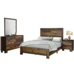 Wooden Queen King Bedroom Set In Rustic Pine - 4 Piece