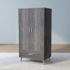 DH BASIC Mid-Century Modern Distressed Grey 1-Drawer Wardrobe Armoire By Denhour - Grey