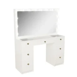 Boahaus Yara Lighted Vanity With Glass Top (White) - White-Crystal Knobs -Bed Frame Shop 897b87a1 01ad 45b3 b12f d210768126c3