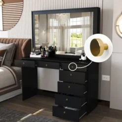 Boahaus Joan Modern Vanity Table, Black, Wide Mirror, 07 Drawers - Black-Gold Knobs -Bed Frame Shop 89aa5272 b68d 4389 b2b1 73f578a55b9c