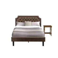 Platform Bed Set - Dark Brown Faux Leather - Black Legs Bed - An Antique Walnut End Table(Bed Size Options) - Queen -Bed Frame Shop 8d3b04b7 9dc7 47af 8246 34c46724ed3c