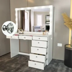 Boahaus Dressing Table, Light Bulbs, White, Mirror, 07 Drawers - White-Crystal Ball Knobs -Bed Frame Shop 8d92748e c8a1 44e8 9db2 accbecd64337