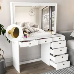 Boahaus Modern Vanity Table, White, 7 Drawers, Wide Mirror - White-Crystal Knobs -Bed Frame Shop 8e75e4d9 176e 4bcc 8a5e bc6d00db7548