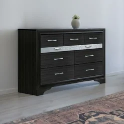 Two Tone Wooden Dresser With Nine Drawers, Black And Silver - Black - 9-drawer