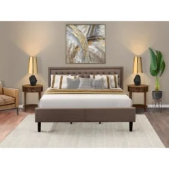 3 Pc Bedroom Set - Platform Bed Frame With Brown Linen Fabric - Button Tufted Headboard- 2 Nightstand (Bed Size Options) - KD18Q-2HI08 -Bed Frame Shop 8fe3eafc 57c7 4cc7 a245 8aba4caf8019