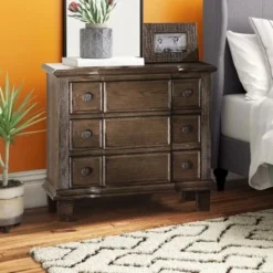 Three Drawer Nightstand With Round Knobs Side Metal Glide In Weathered Oak Finish - 3-drawer -Bed Frame Shop 90154086 eee5 4b63 805b b992dd08328d