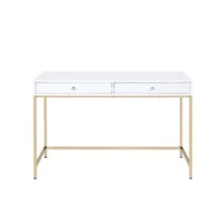 2 Drawers Vanity Desk In White High Gloss And Gold - White High Gloss And Gold