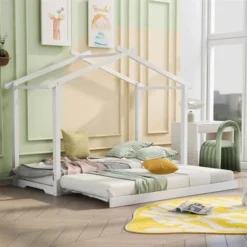 Merax Twin XL/King Size House Platform Bed With Trundle - White