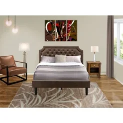Bedroom Set- Dark Brown Faux Leather Queen Bed With Black Legs- An Antique Walnut Nightstand(End Stand Pieces Options) - GB25Q-1GA08