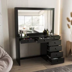 Boahaus Jane Dressing Table, Glass Top, 07 Drawers, Black - N/A - Crystal Knobs -Bed Frame Shop 972b1487 3d4f 4844 81a2 f9610b689eb0