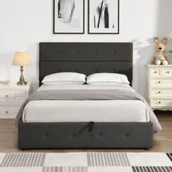 Nestfair Upholstered Platform Bed With Underneath Storage - Grey - Queen -Bed Frame Shop 97446bdf 69e0 4495 aa97 f7e31e87e3eb