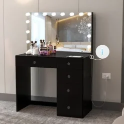 Boahaus Saranya Lighted Makeup Vanity, Black - Silver -Bed Frame Shop 99af9412 9bfc 44b5 b442 7af1fdf2d4f0