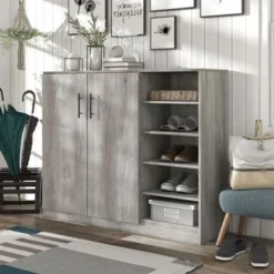 DH BASIC Farmhouse Vintage Grey Oak 10-Shelf Shoe Cabinet By Denhour - Vintage Grey Oak - No Drawers -Bed Frame Shop 9accb48c 4548 4f6b 9fab 59ba82b6614a